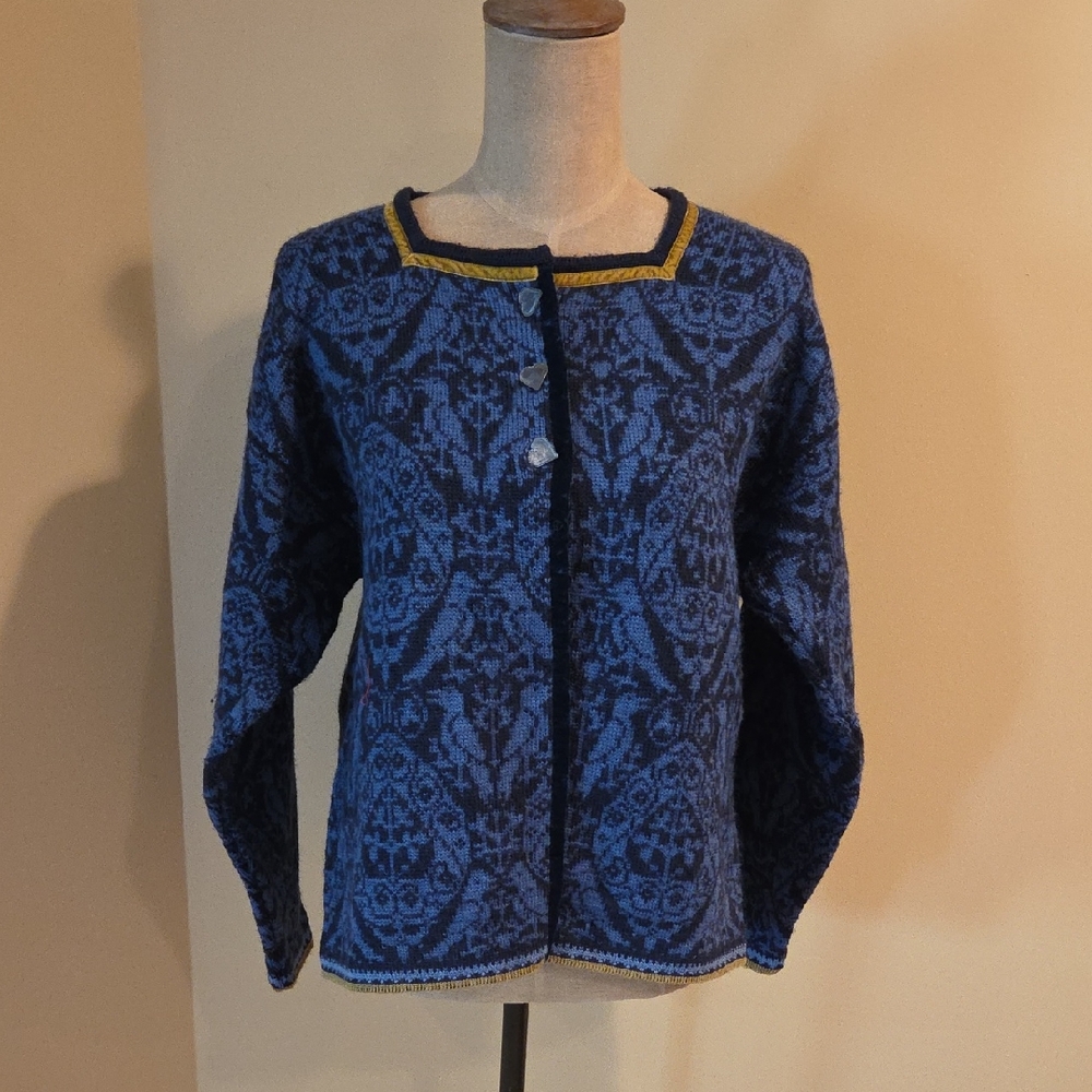 OLEANA The Norwegian Story Blue Patterned Knit Cardigan with Yellow Trim